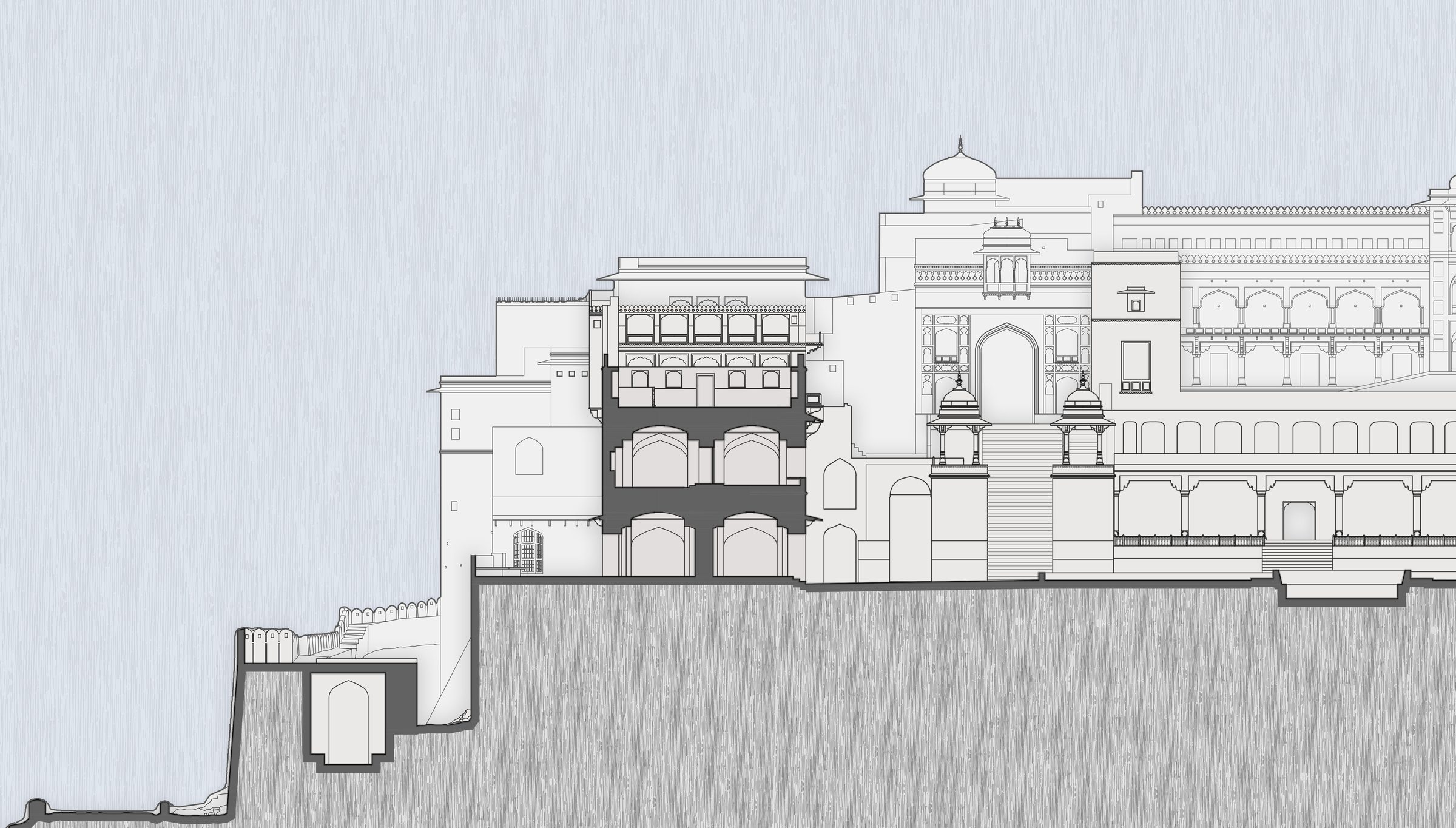 Measured drawing of an Indian palace elevation and section